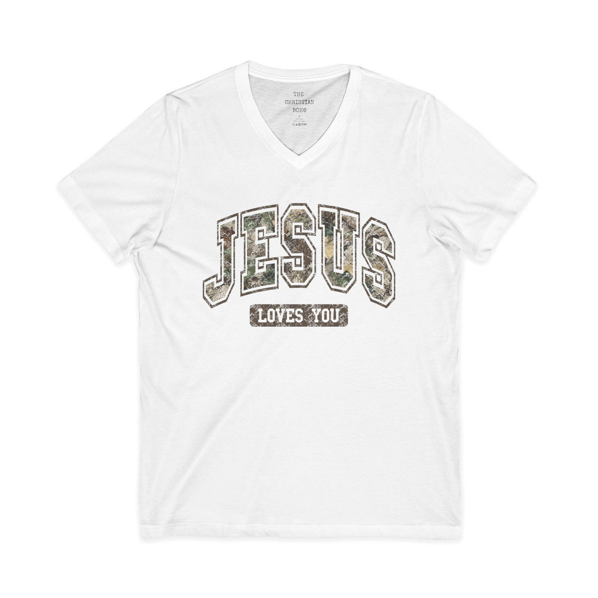 Camo Font Jesus Loves You V Neck