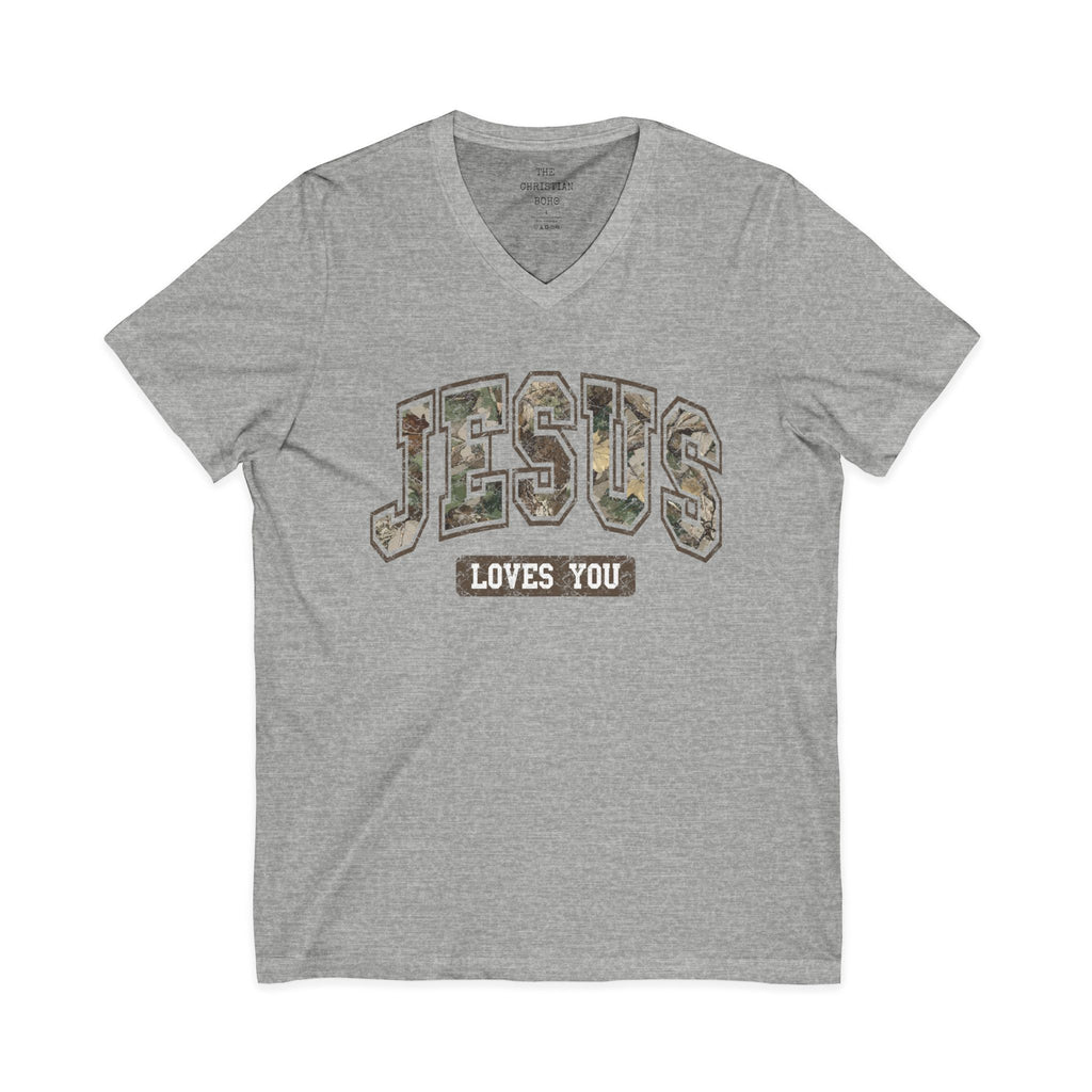 Camo Font Jesus Loves You V Neck