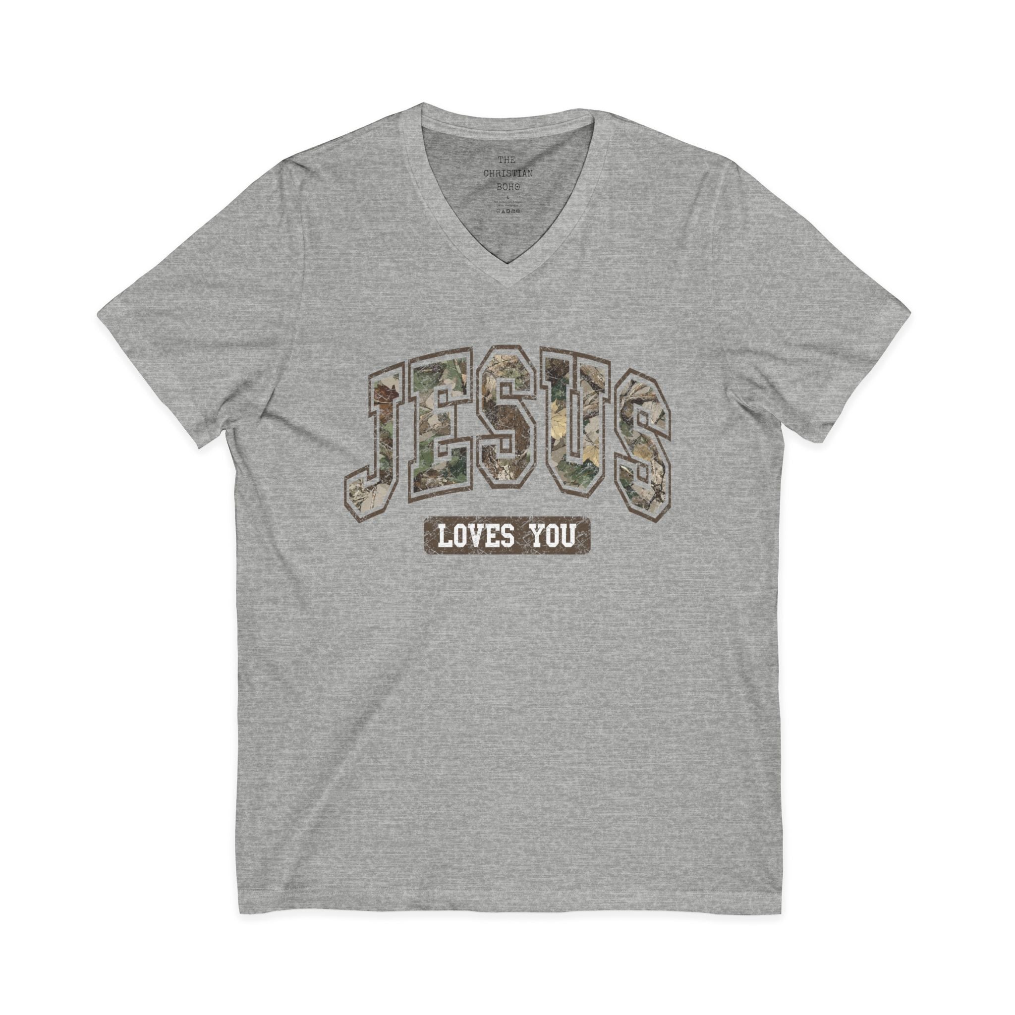Camo Font Jesus Loves You V Neck