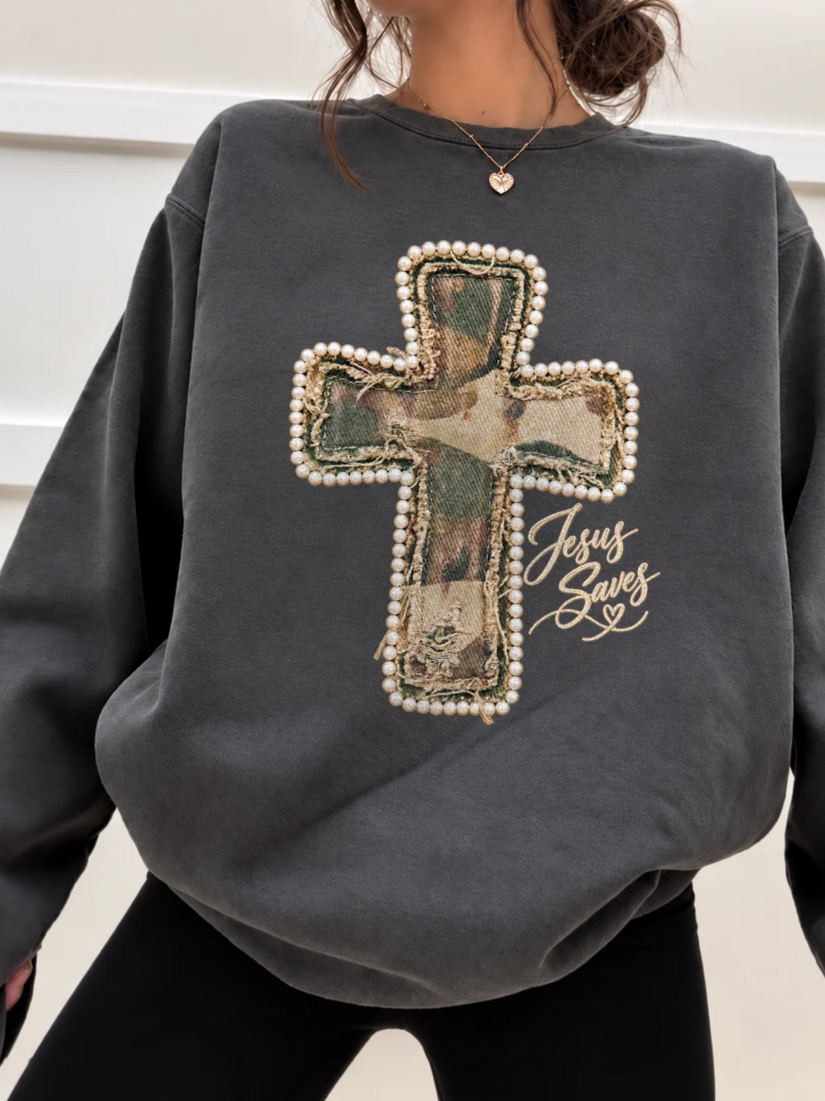 Jesus Saves Faux Pearl/Camo Print Sweatshirt