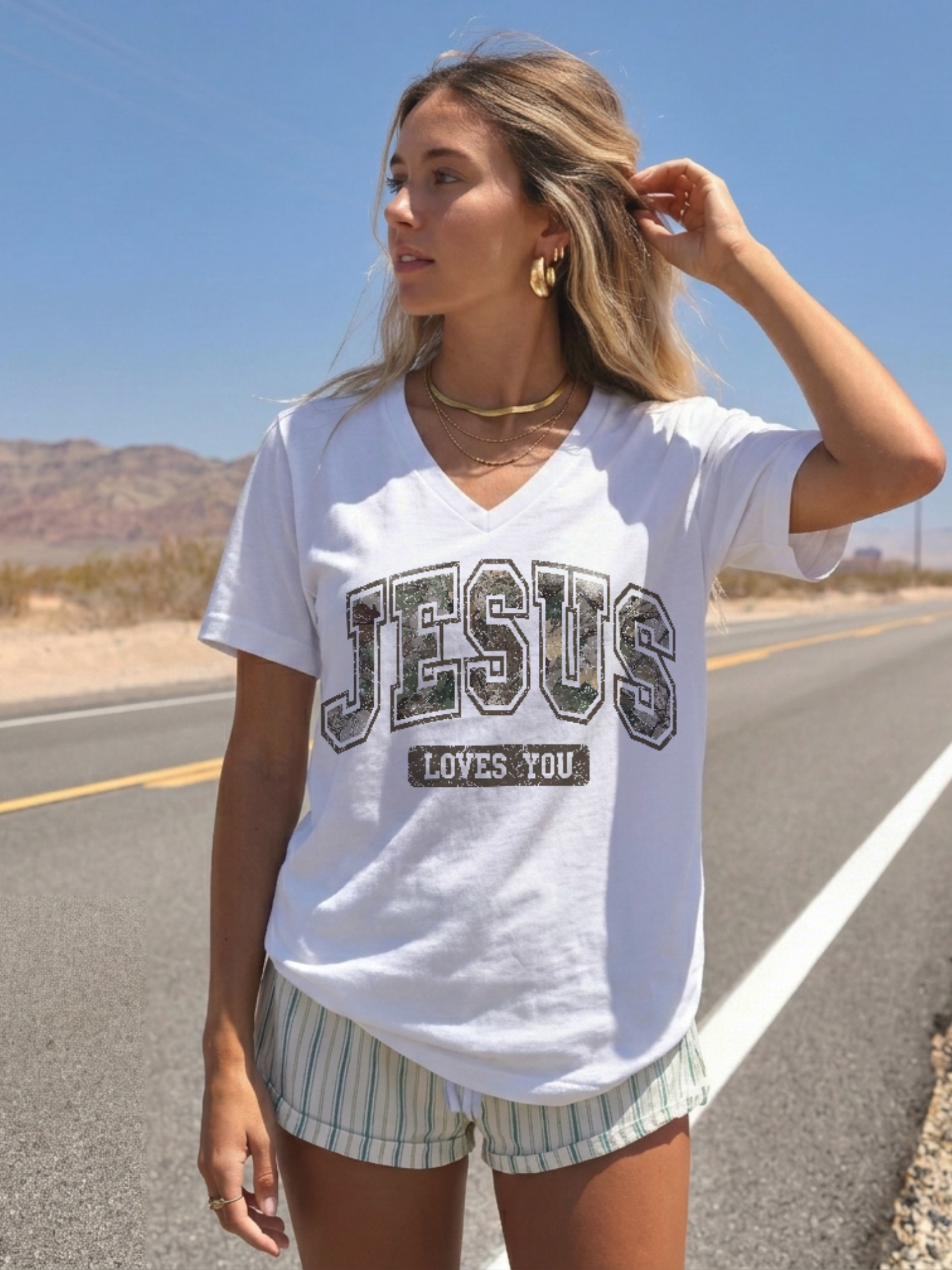 Camo Font Jesus Loves You V Neck